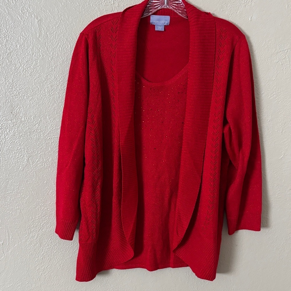 Laura Scott Red Sparkles Sequins 3/4 Sleeve Layered Sweater Women’s XL